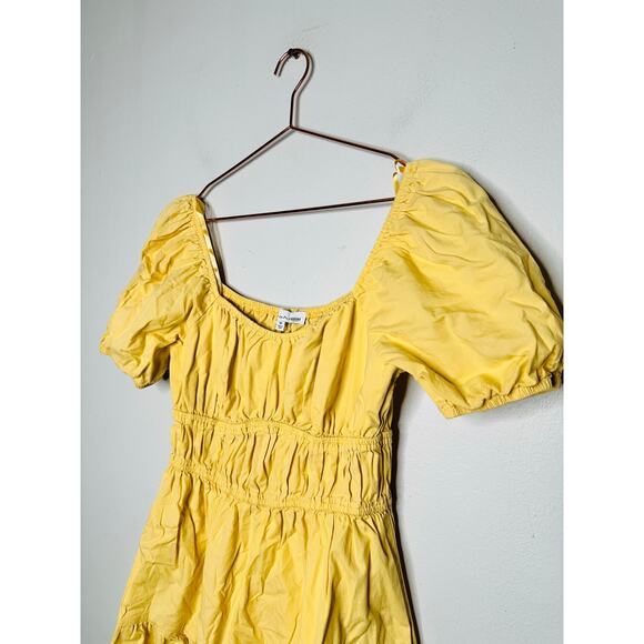 LOUNA Mellow Yellow Cotton Square Neck Puff Sleeves Smocked Cinched Dress Size M - Picture 4 of 11